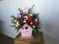 SOLD OUT AWAIYING NEW STOCK OF BIRD HOUSES  ..Wooden bird house with rustic flower arrangement