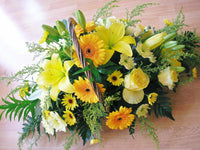 Bright sunshine yellow basket , flowers choices are seasonal  PICTURE SHOWN THE MEDIUM SIZE. Please state colur when ordering 